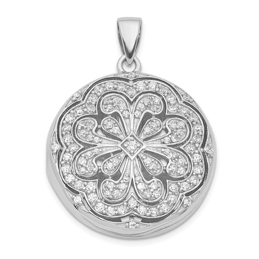 Sterling Silver Rhodium-plated CZ Flower Design 22mm Locket Pendant