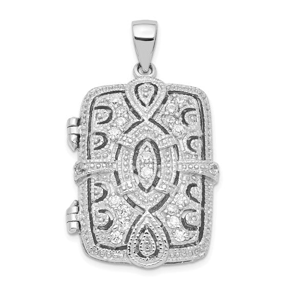 Sterling Silver Rhodium-plated Fancy CZ Rectangle 24mm Locket Pendant