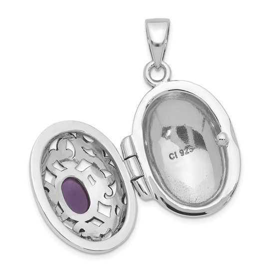 Sterling Silver Rhodium-plated and Antiqued Amethyst Locket