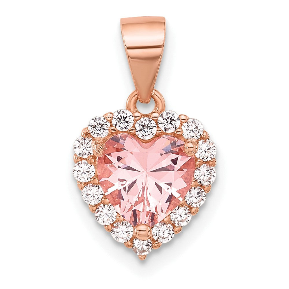 Sterling Silver Rose-tone Pink Crystal Heart and Clear CZ Pendant