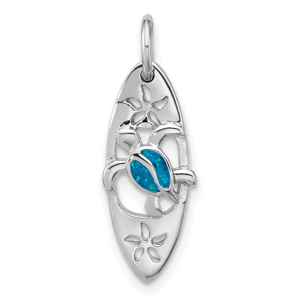 Sterling Silver Rh-plated Polished Blue Enamel Turtle Surfboard Pendant