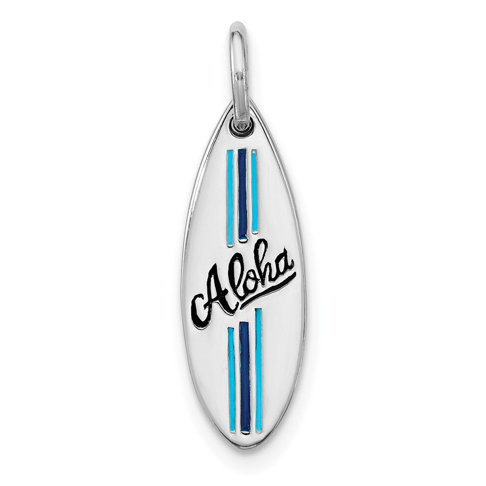 Sterling Silver Rh-plated Polished Enamel Aloha Surfboard Pendant
