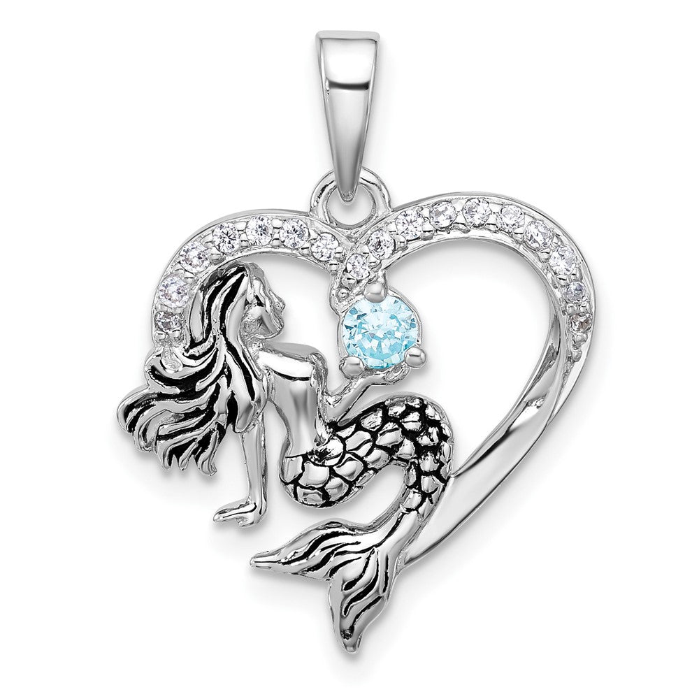 Sterling Silver Rh-plated Antiqued CZ Mermaid Heart Pendant