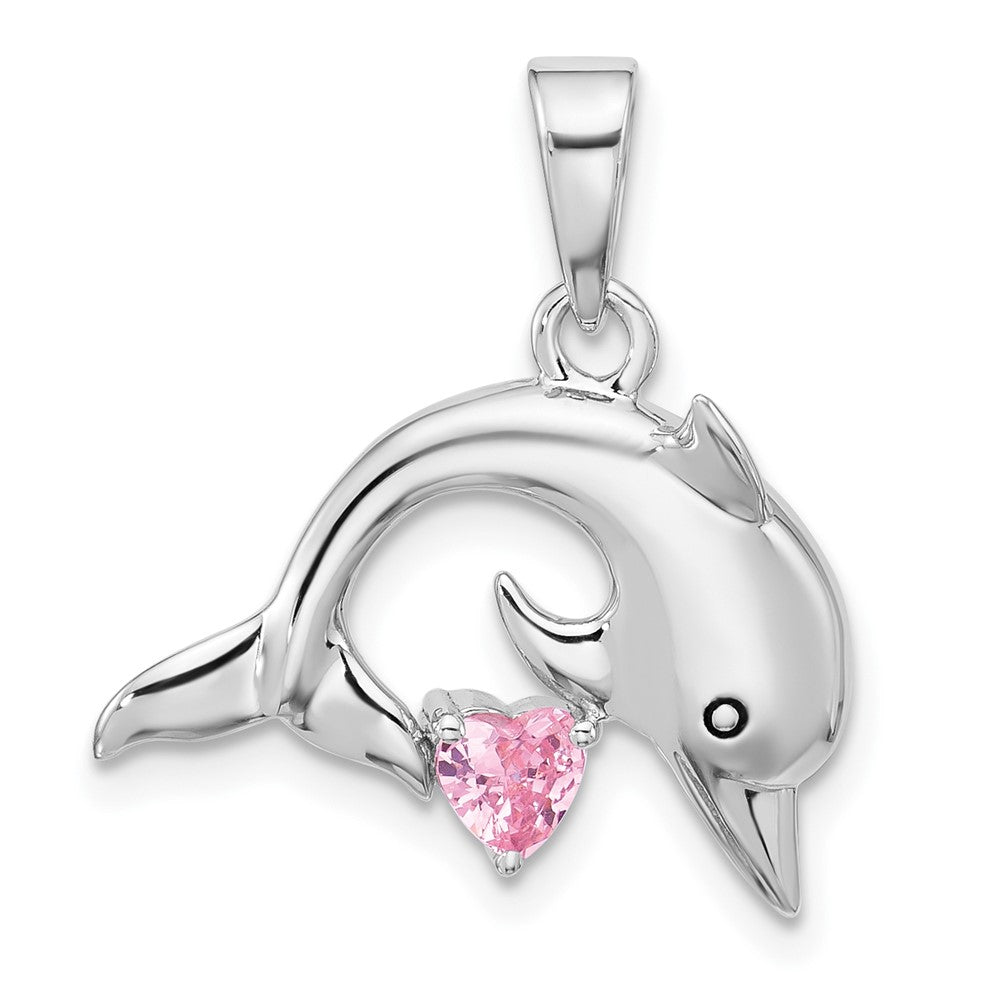 Sterling Silver RH-plated Polished & Antiqued Pink CZ Dolphin Pendant