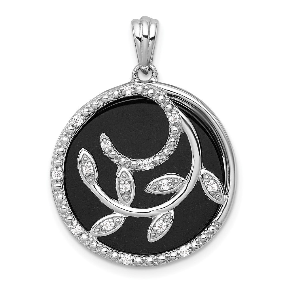 Sterling Silver RH-plated Polished Onyx and CZ Leaf Circle Pendant