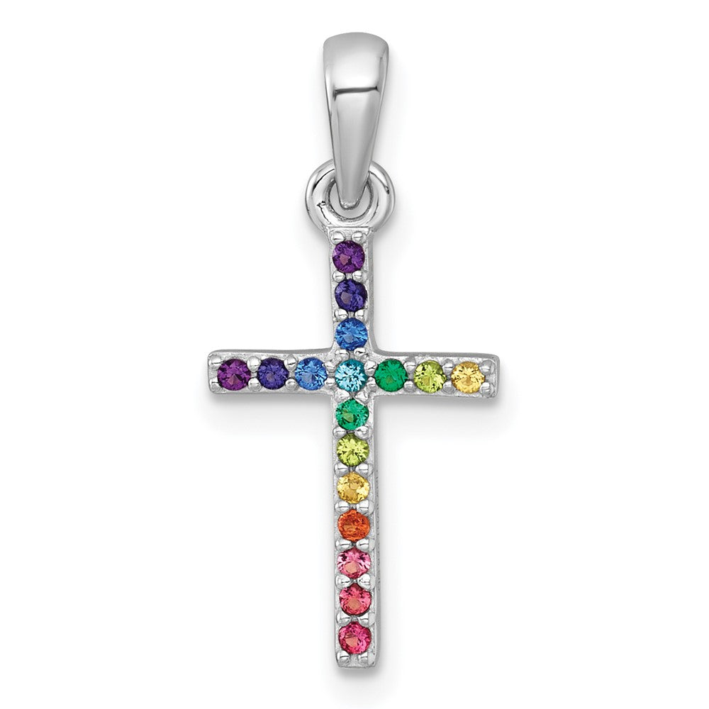Sterling Silver RH-pl Multi Color Nano Crystals Children's Cross Pendant
