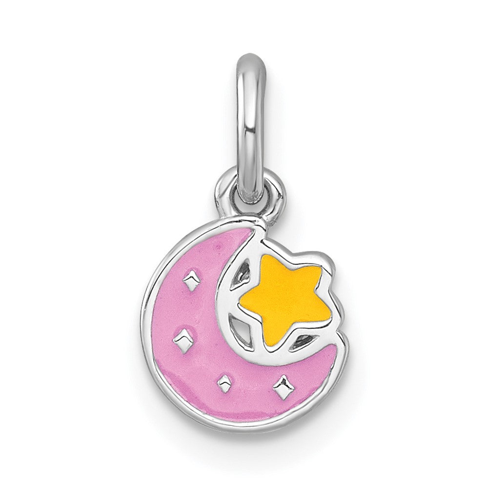 Sterling Silver RH-plated Polished Enamel Moon and Star Children's Pendant