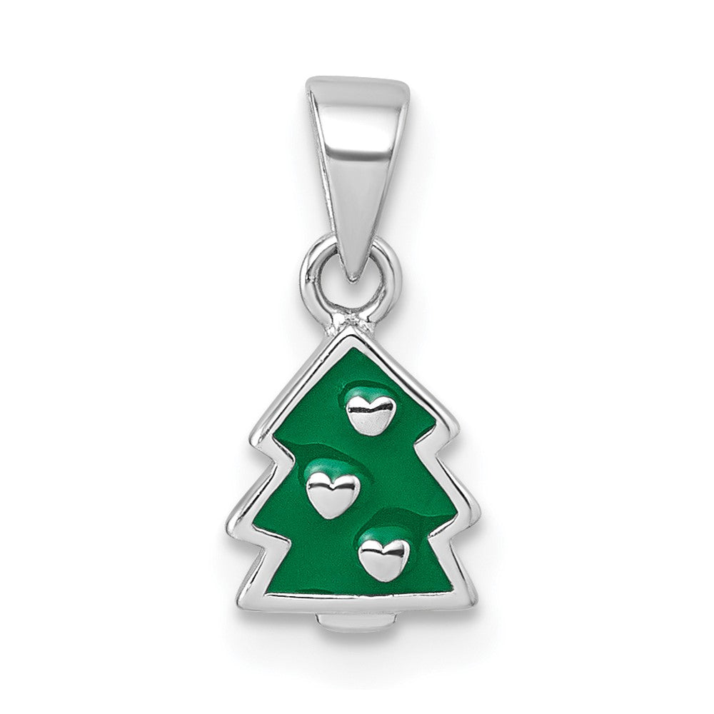 Sterling Silver Rhodium-plated Children's Enamel Christmas Tree Pendant
