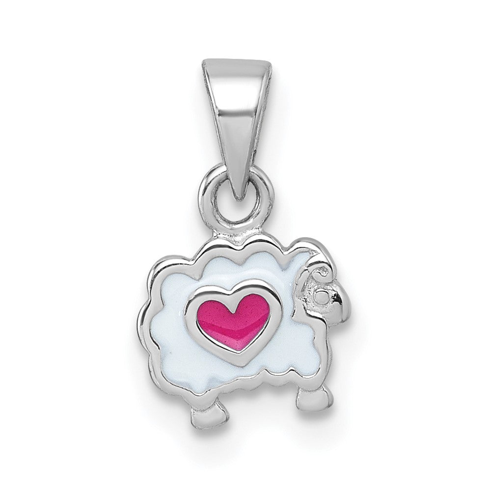 Sterling Silver Rhodium-plated Children's Enamel Sheep with Heart Pendant