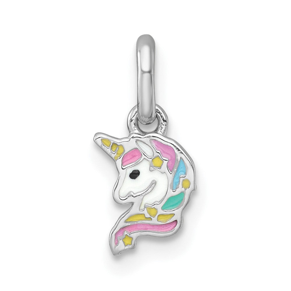Sterling Silver Rhodium-plated Enamel Unicorn Head Children's Pendant