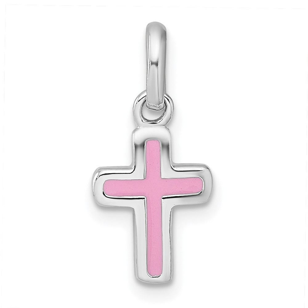 Sterling Silver Rhodium-plated Children's Enamel Pink Cross Pendant
