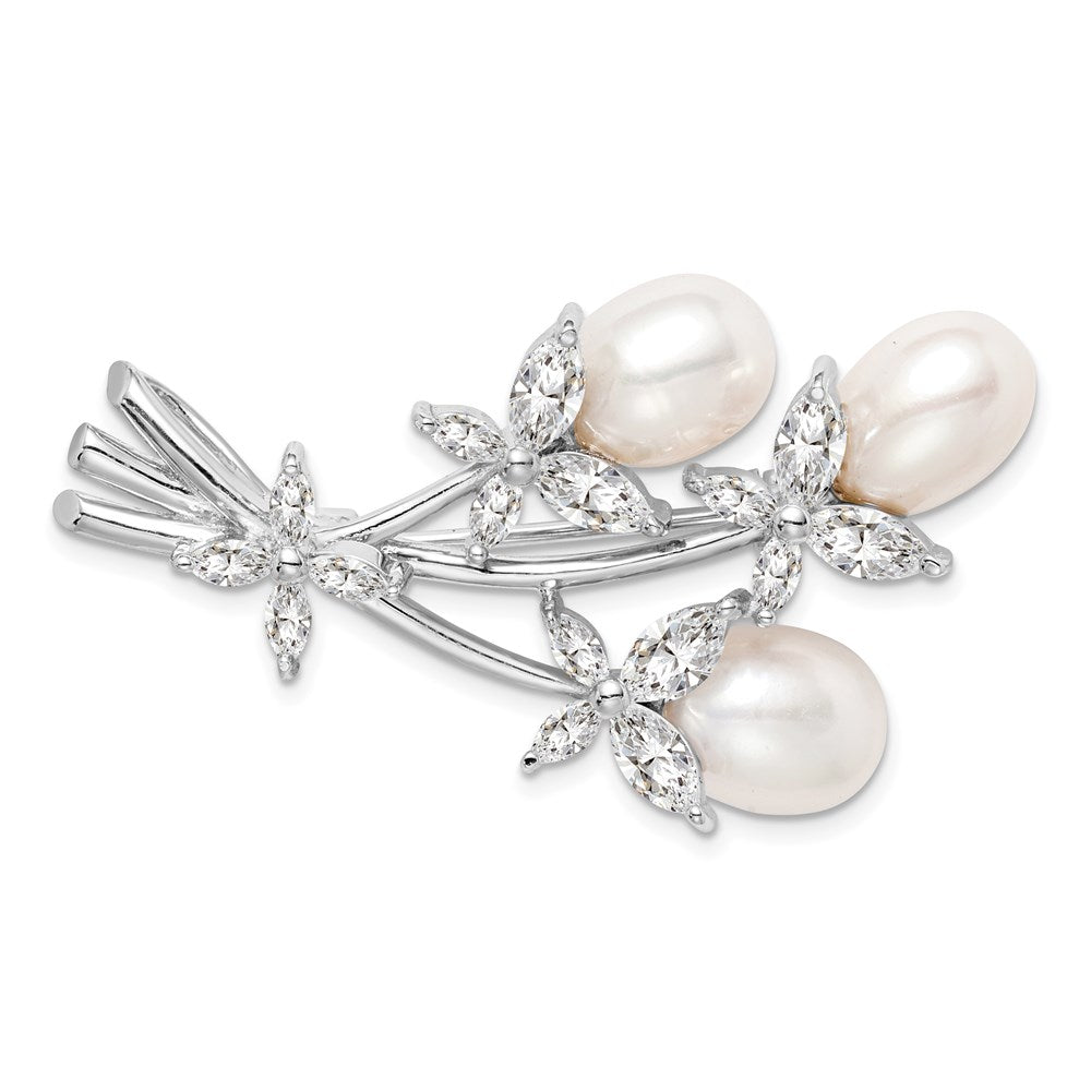 Sterling Silver Rhodium-plated FW Cultured Pearl & CZ Floral Pin