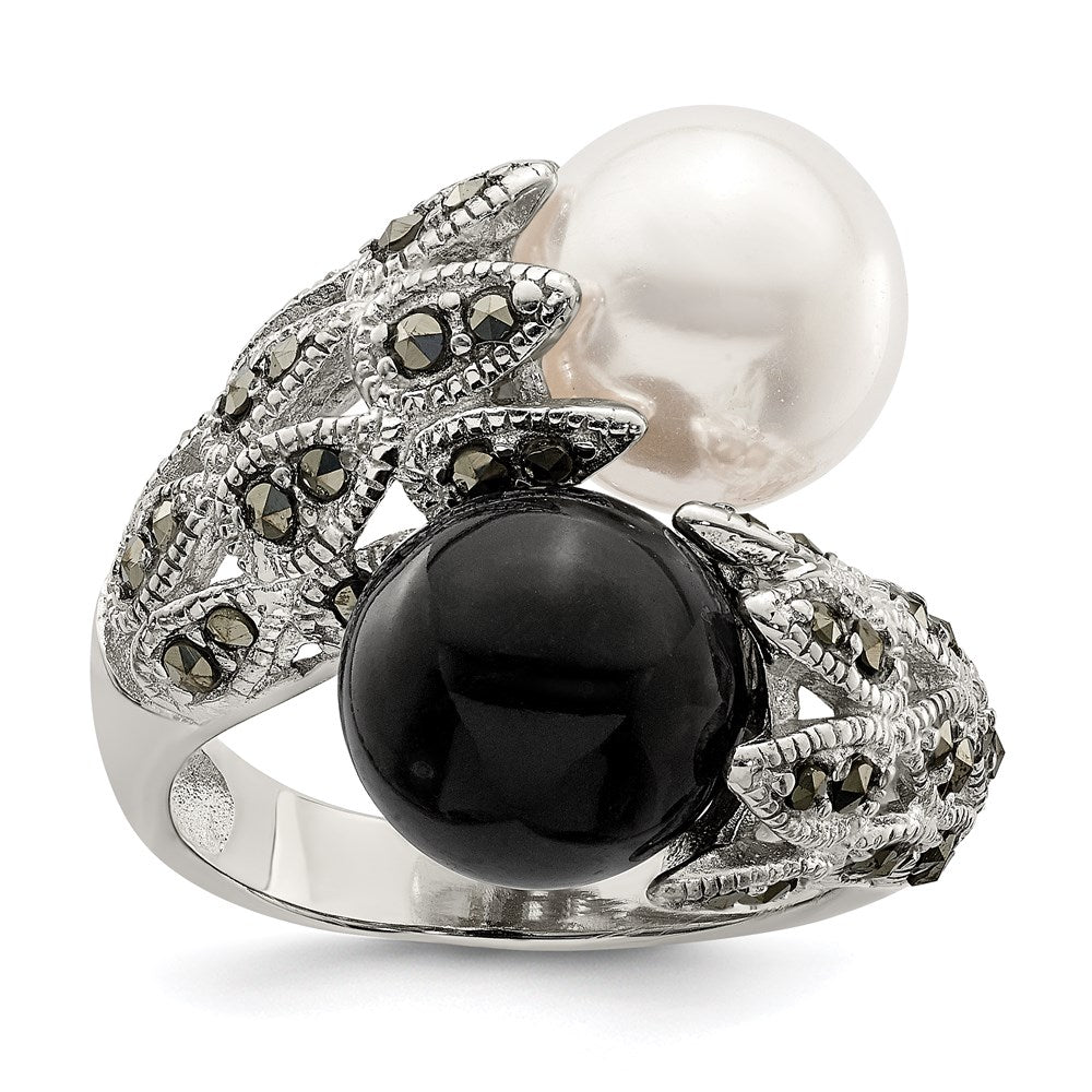 Sterling Silver RH Marcasite Black and White Imitation Pearl Ring