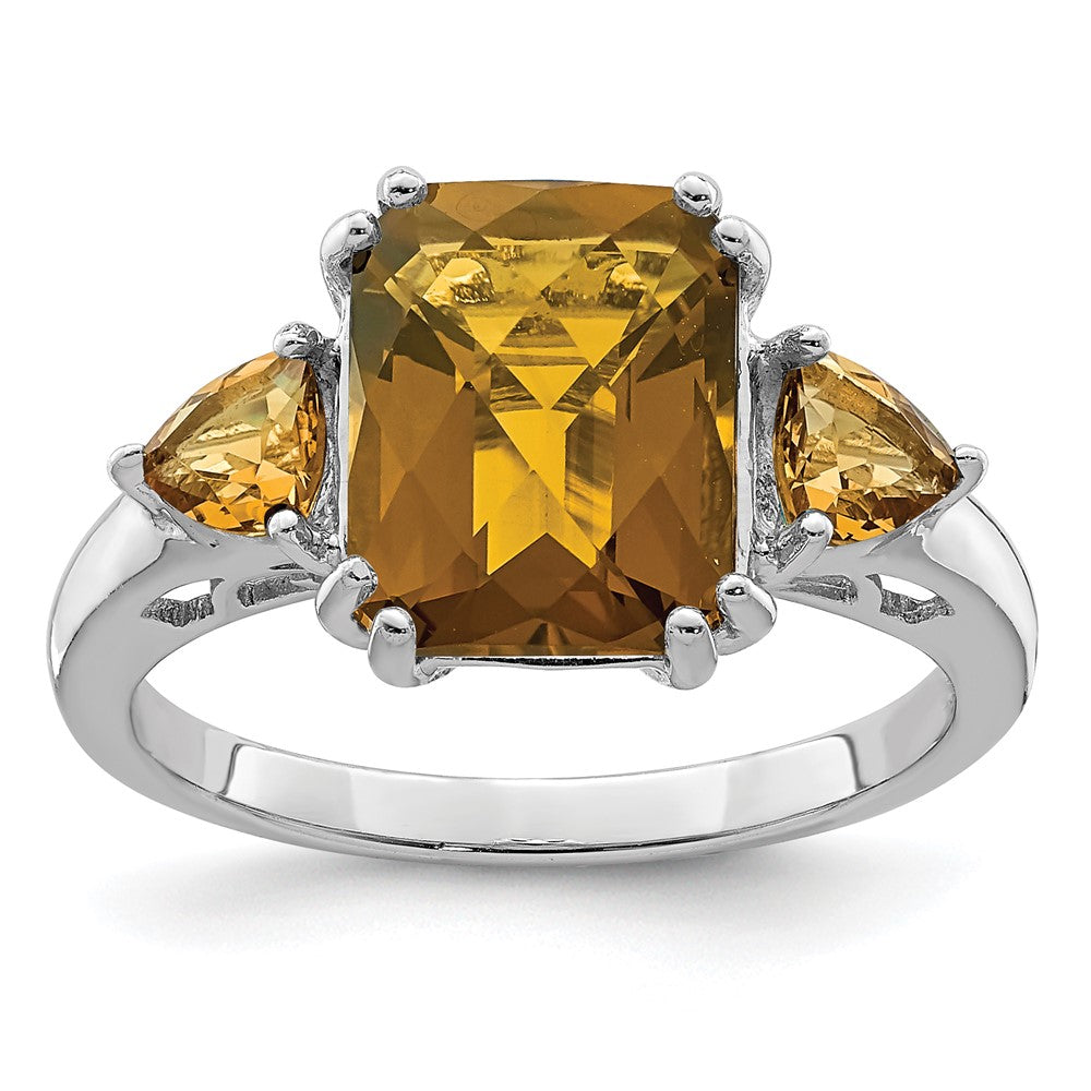 Sterling Silver Rhodium Octagonal Checker-Cut Whiskey Quartz Ring