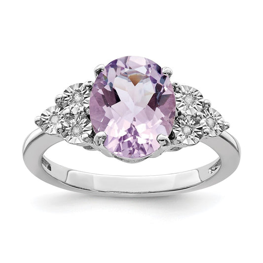 Sterling Silver Rhodium Diam. & Oval Pink Quartz Ring