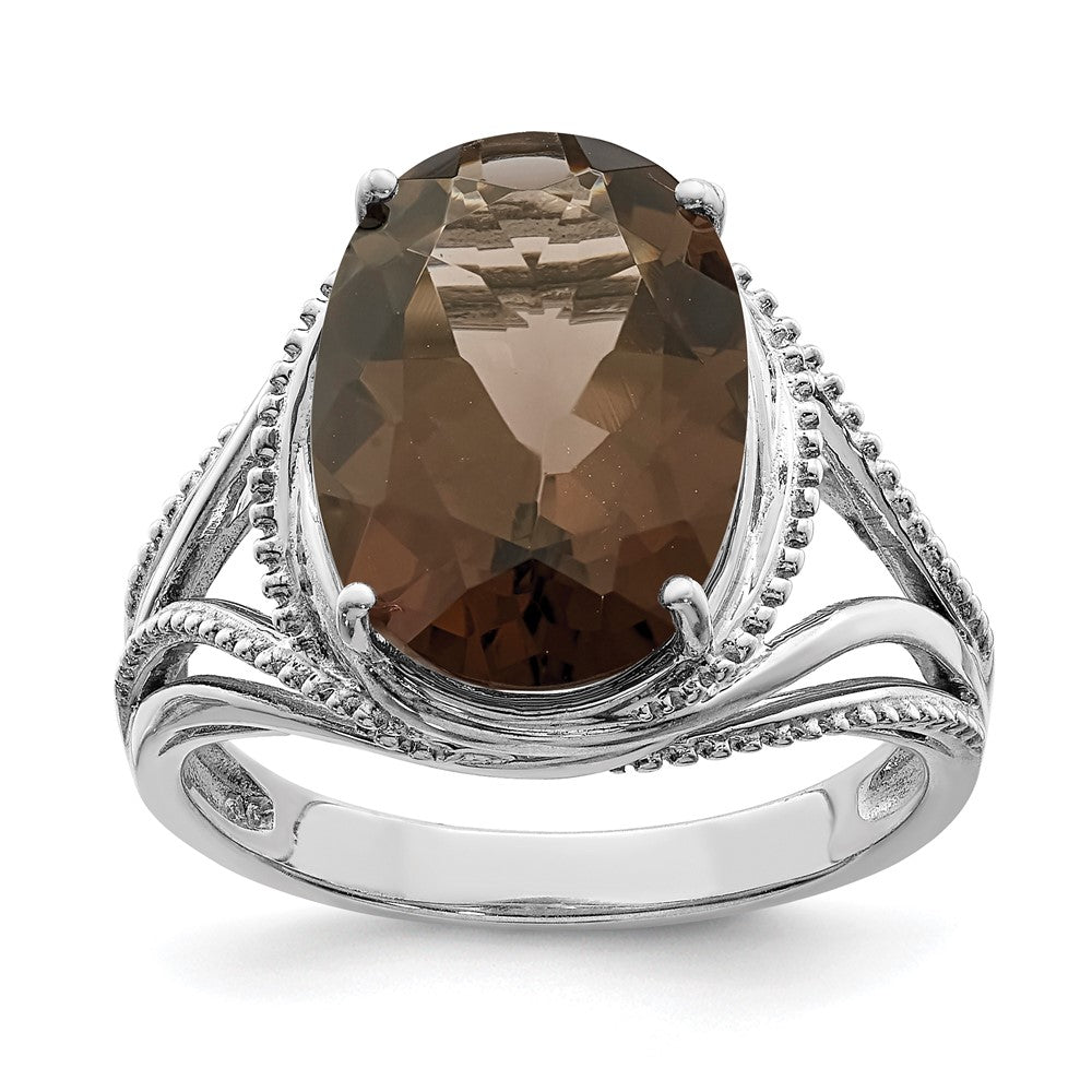 Sterling Silver Rhodium Oval Smoky Quartz Ring