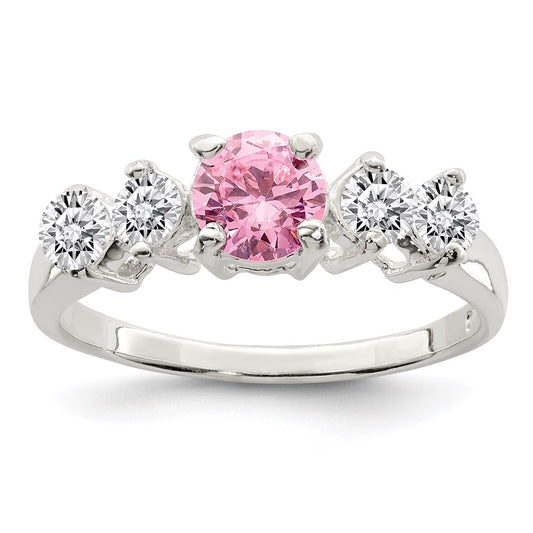 Sterling Silver Pink Round CZ w/Side Stones Ring