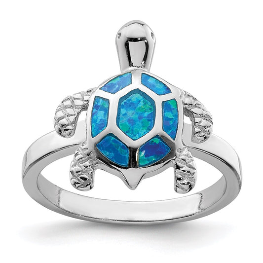 Sterling Silver Rhodium Created Blue Opal Turtle Ring