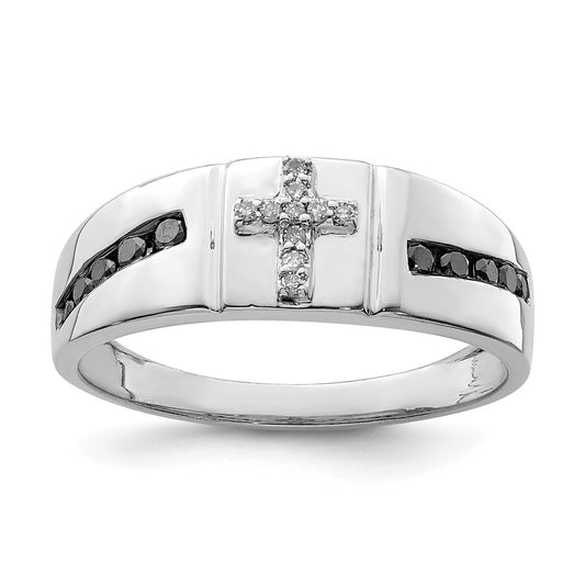 Sterling Silver Rhodium Plated Black and White Diam. Cross Men's Ring