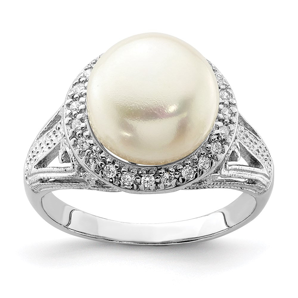 Sterling Silver Rh-plated 10-11mm White FW Cultured Pearl and CZ Ring