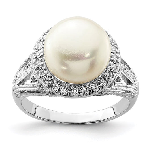 Sterling Silver Rh-plated 10-11mm White FW Cultured Pearl and CZ Ring
