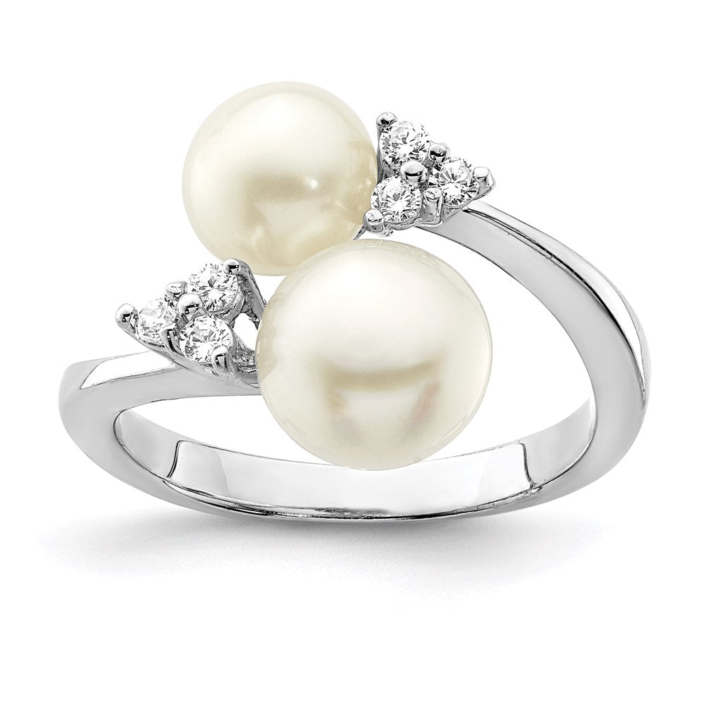 Sterling Silver Rhod-plated 8-9mm White 2-FW Cultured Pearl and CZ Ring