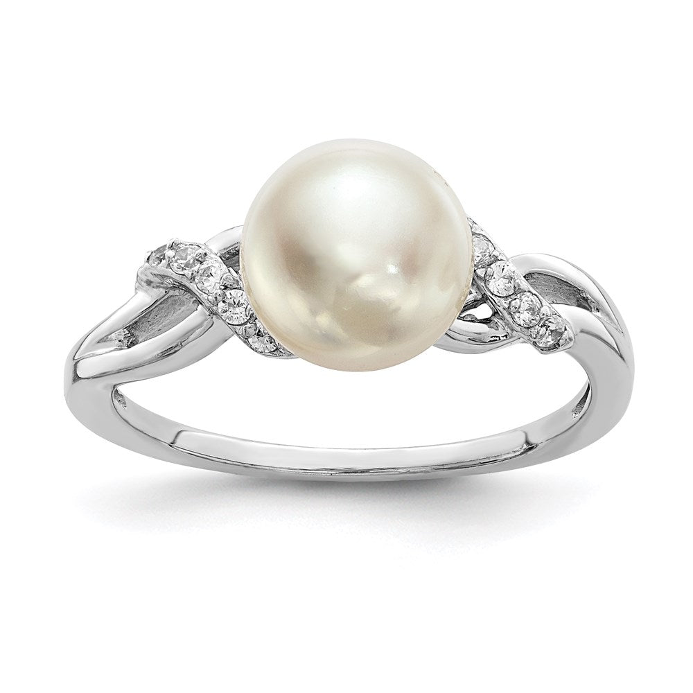 Sterling Silver Rhodium-plated 8-9mm White FW Cultured Pearl CZ Ring