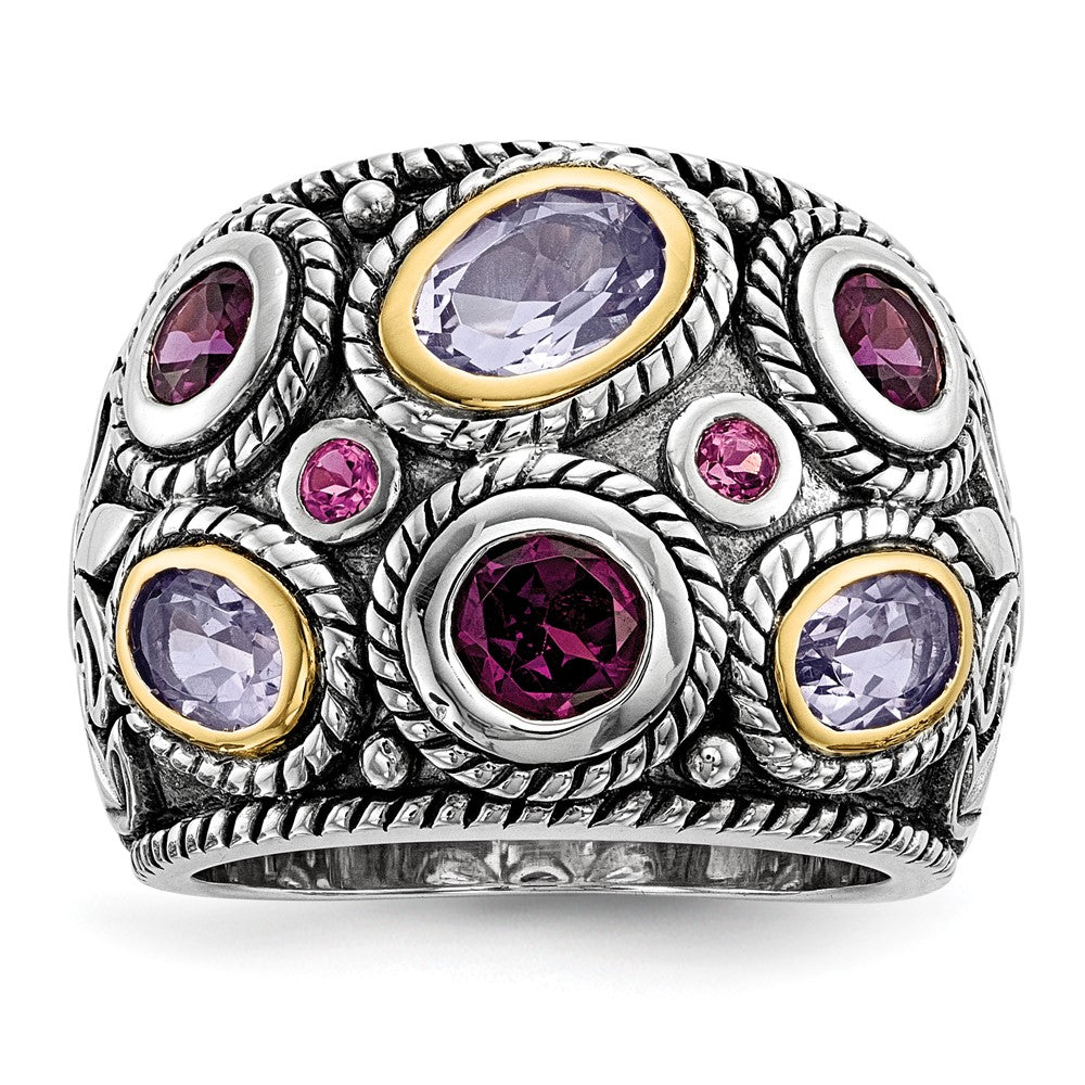 Sterling Silver Rhod. w/14k Pink Qrtz Rhodolite GA & Pink Tourmaline Ring