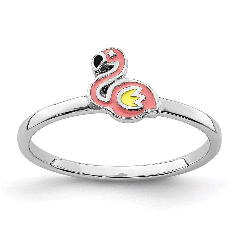 Sterling Silver RH-plated Multi-color Enameled Flamingo Children's Ring