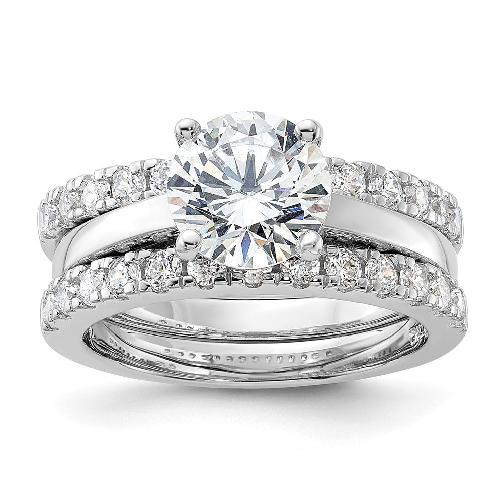 Sterling Silver Rhodium-plated 8mm CZ Solitaire & 2 CZ Bands Set