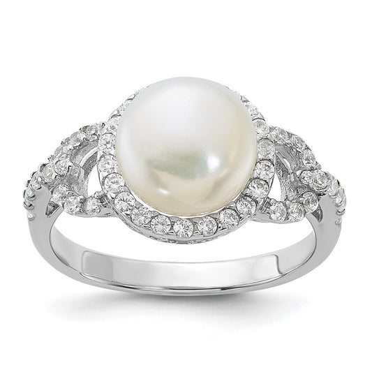 Sterling Silver Rhodium-plated 9-10mm White FWC Pearl and CZ Ring