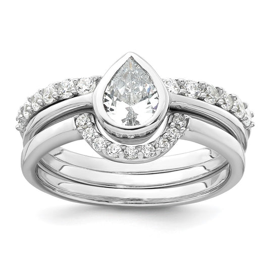 Sterling Silver Rhodium-plated Polished Teardrop CZ 3 Ring Set