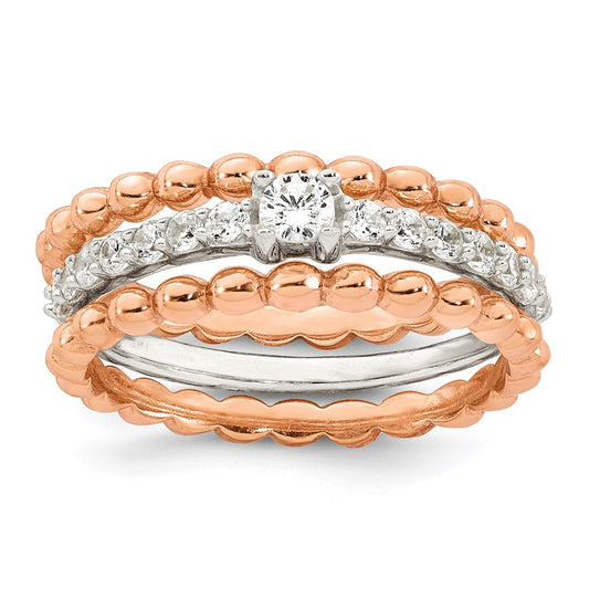 Sterling Silver and Rose-tone Polished and Beaded CZ 3 Ring Set