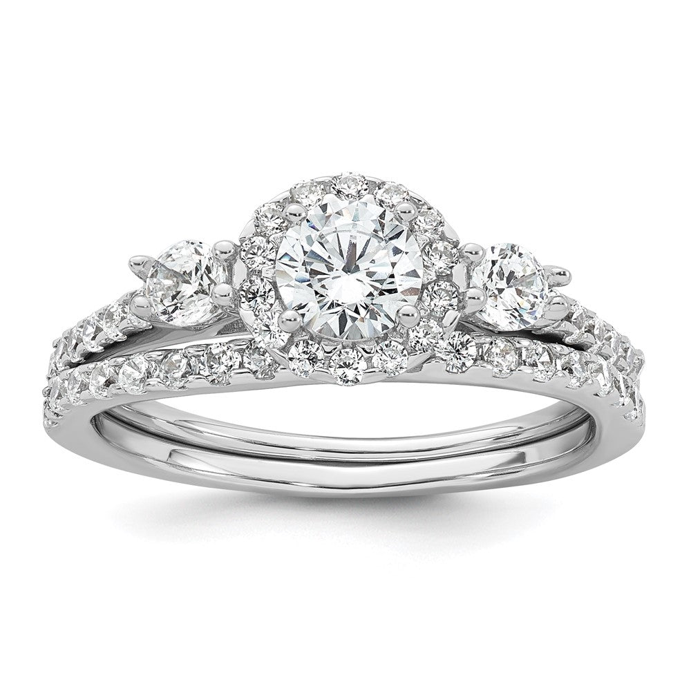 Sterling Silver RH-plated Polished CZ 3-Stone Halo Engagement Ring Set