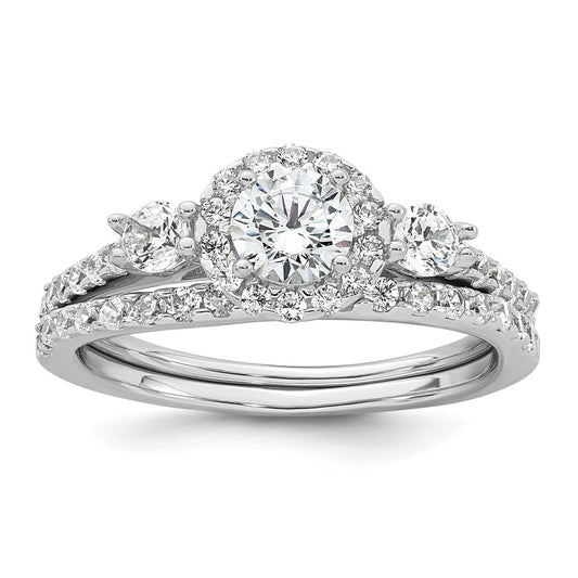Sterling Silver RH-plated Polished CZ 3-Stone Halo Engagement Ring Set