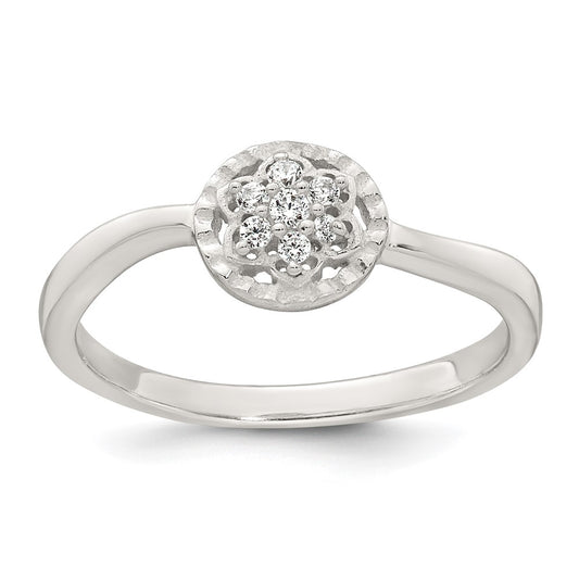 Sterling Silver Polished and Grooved CZ Flower Ring