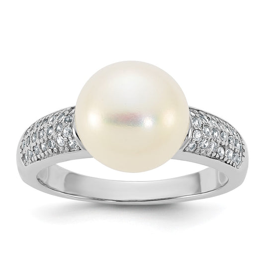 Sterling Silver Rh-plated 9-10mm Button FWC Pearl and CZ Ring