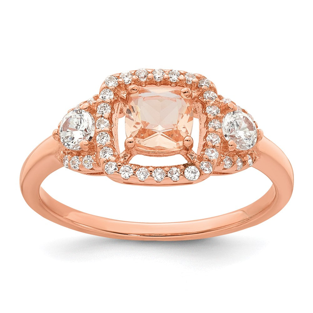 Sterling Silver Rose-tone Polished Fancy Glass and CZ Ring