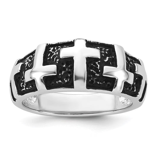 Sterling Silver Rhodium-plated Enameled Polished Multi Cross Men's Ring