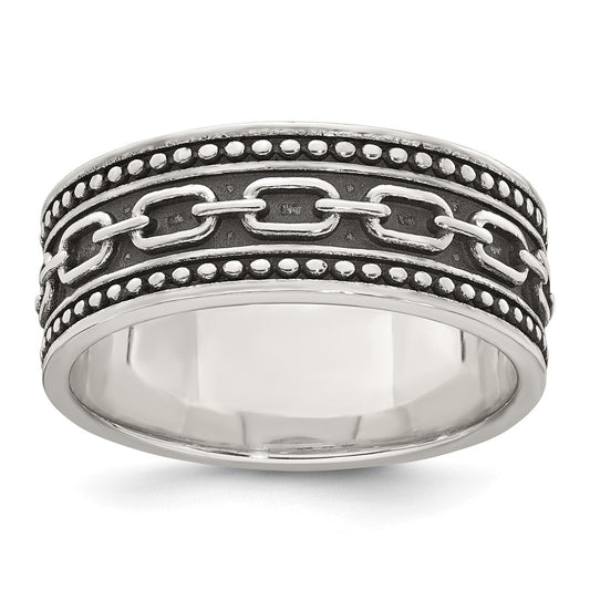 Sterling Silver Polished Beaded Antiqued Chain Link Men's Ring
