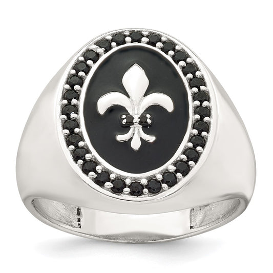 Sterling Silver Black Enamel Black Nano Crystal Fleur De Lis Men's Signet R