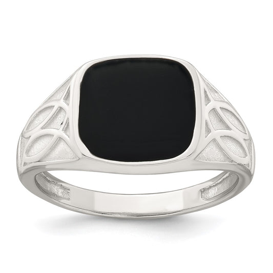 Sterling Silver Polished and Textured Black Enamel Men's Signet Ring