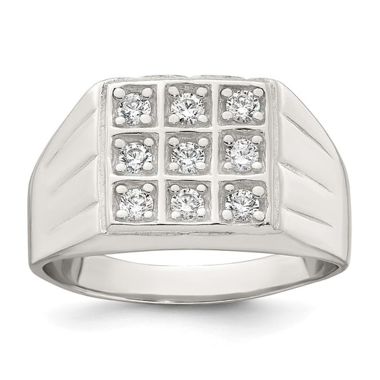 Sterling Silver Polished and Grooved CZ Square Men's Ring