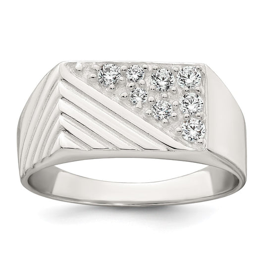 Sterling Silver Polished and Grooved CZ Men's Ring