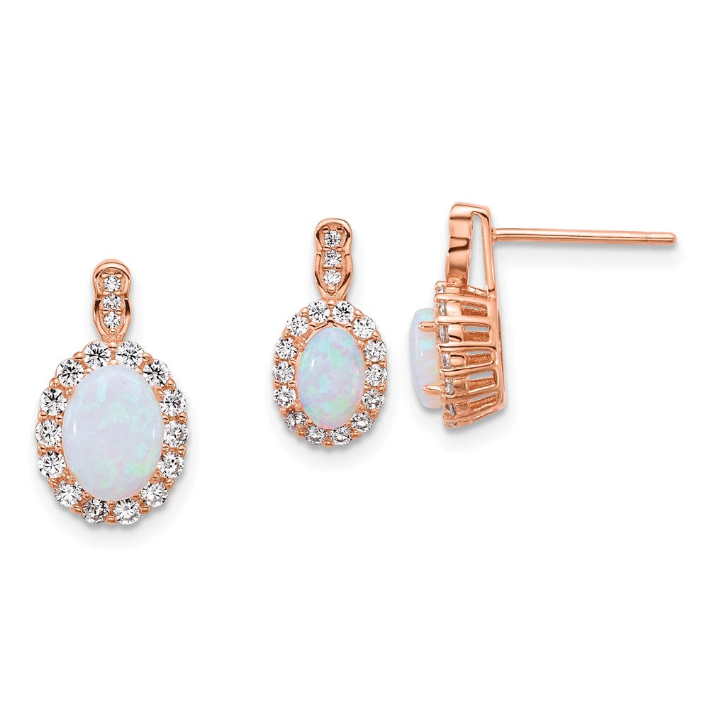 SS Rose-tone Polished Cr. Opal and CZ Post Earrings and Chain Slide Set