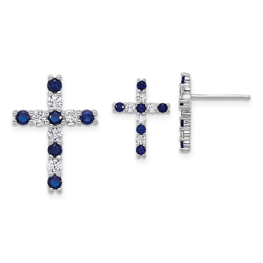 SS RH-plated Blue and White CZ Cross Post Earrings and Chain Slide Set