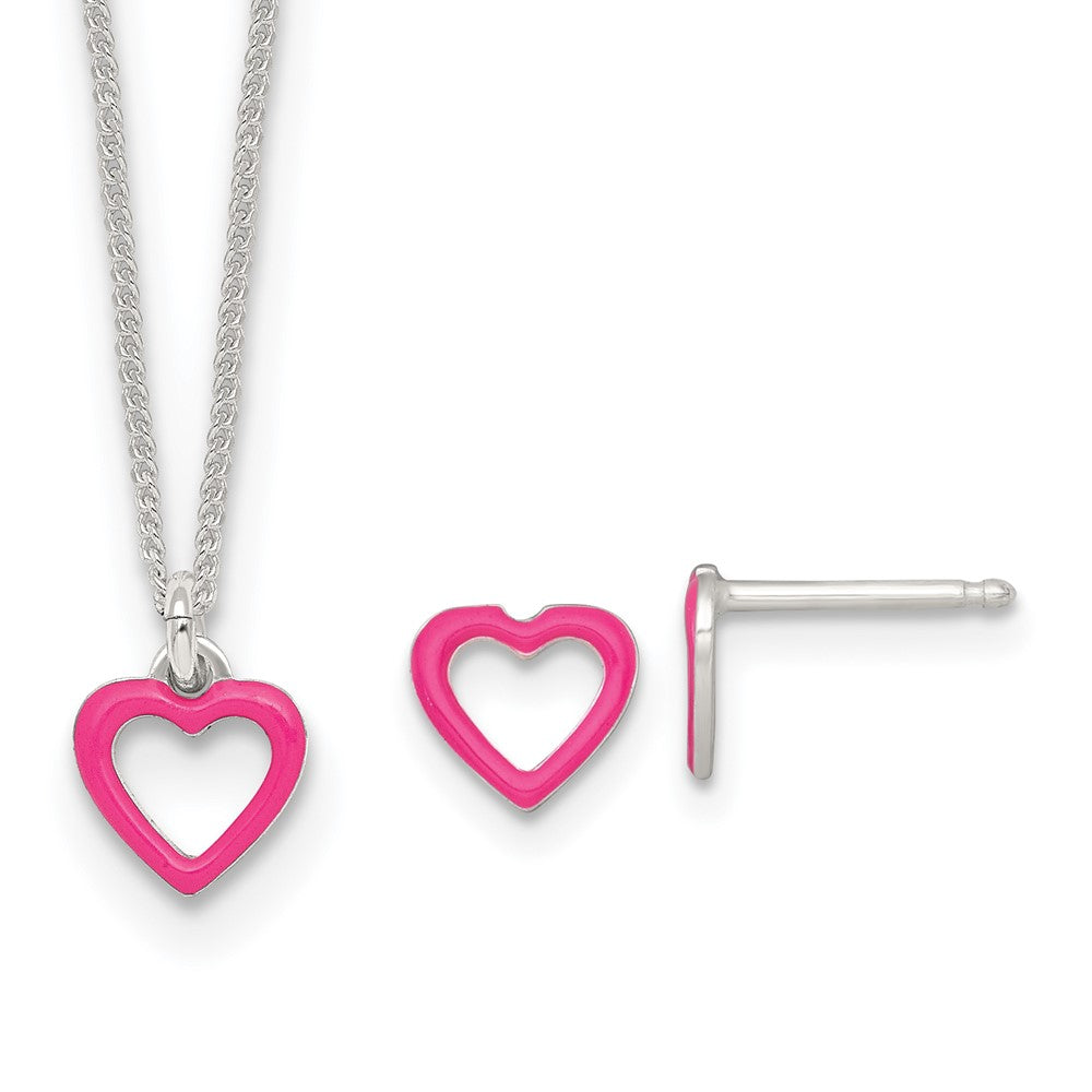 SS Polished Pink Enameled Heart Children's Post Earring and Necklace Set
