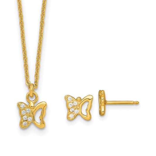 SS Gold-tone CZ Butterfly Children's Post Earrings and Necklace Set