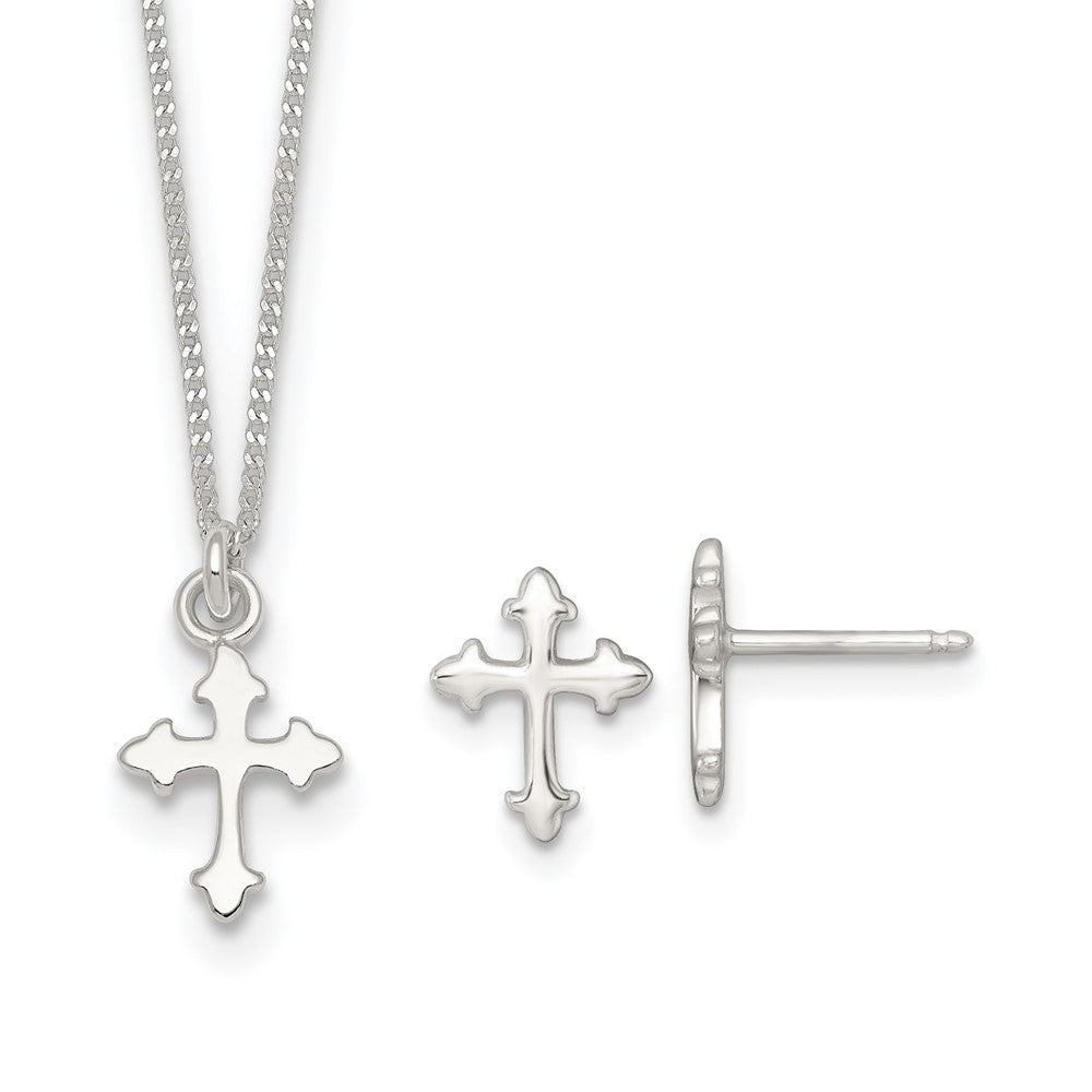 Sterling Silver Polished Cross Children's Earring/Necklace Set