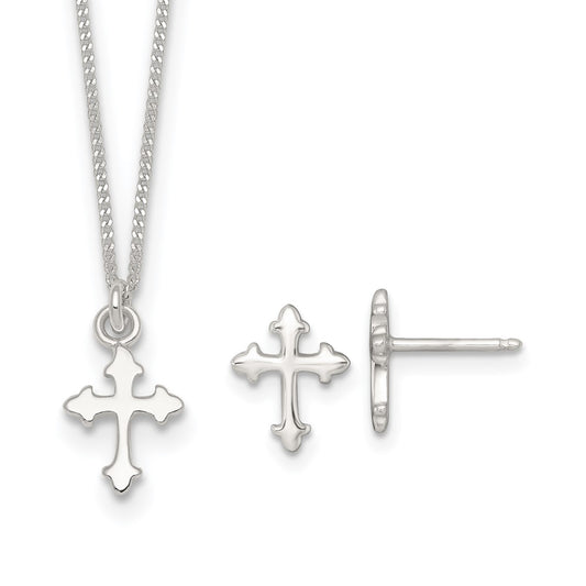 Sterling Silver Polished Cross Children's Earring/Necklace Set